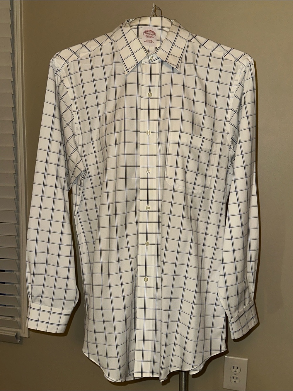 Brooks Brothers White Dress Shirt with Blue Windowpane Check